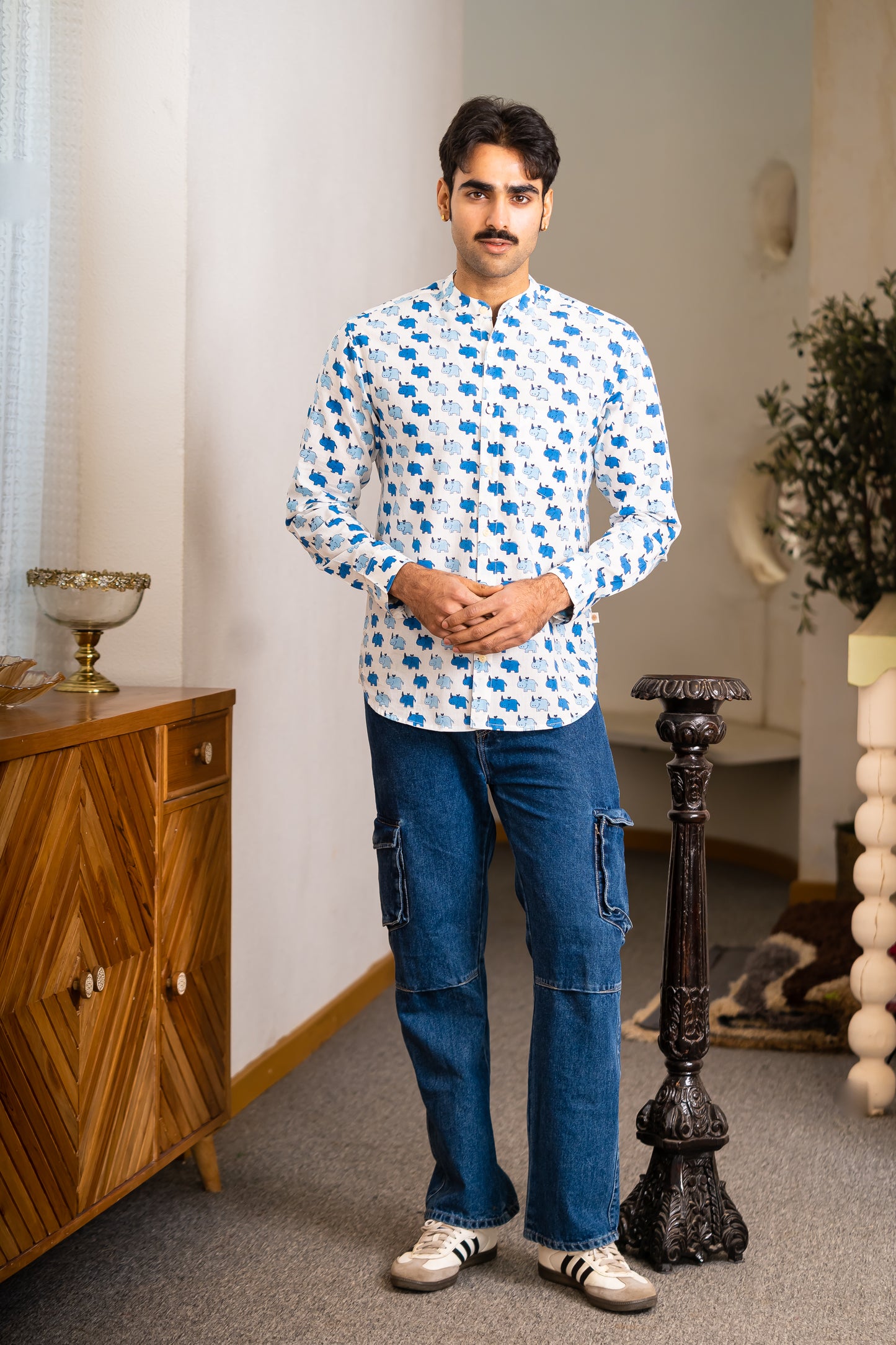 Full Sleeve Indian Hand Block Print Shirt Stylish White & Blue Printed Casual Shirt 100% Cotton Fabric