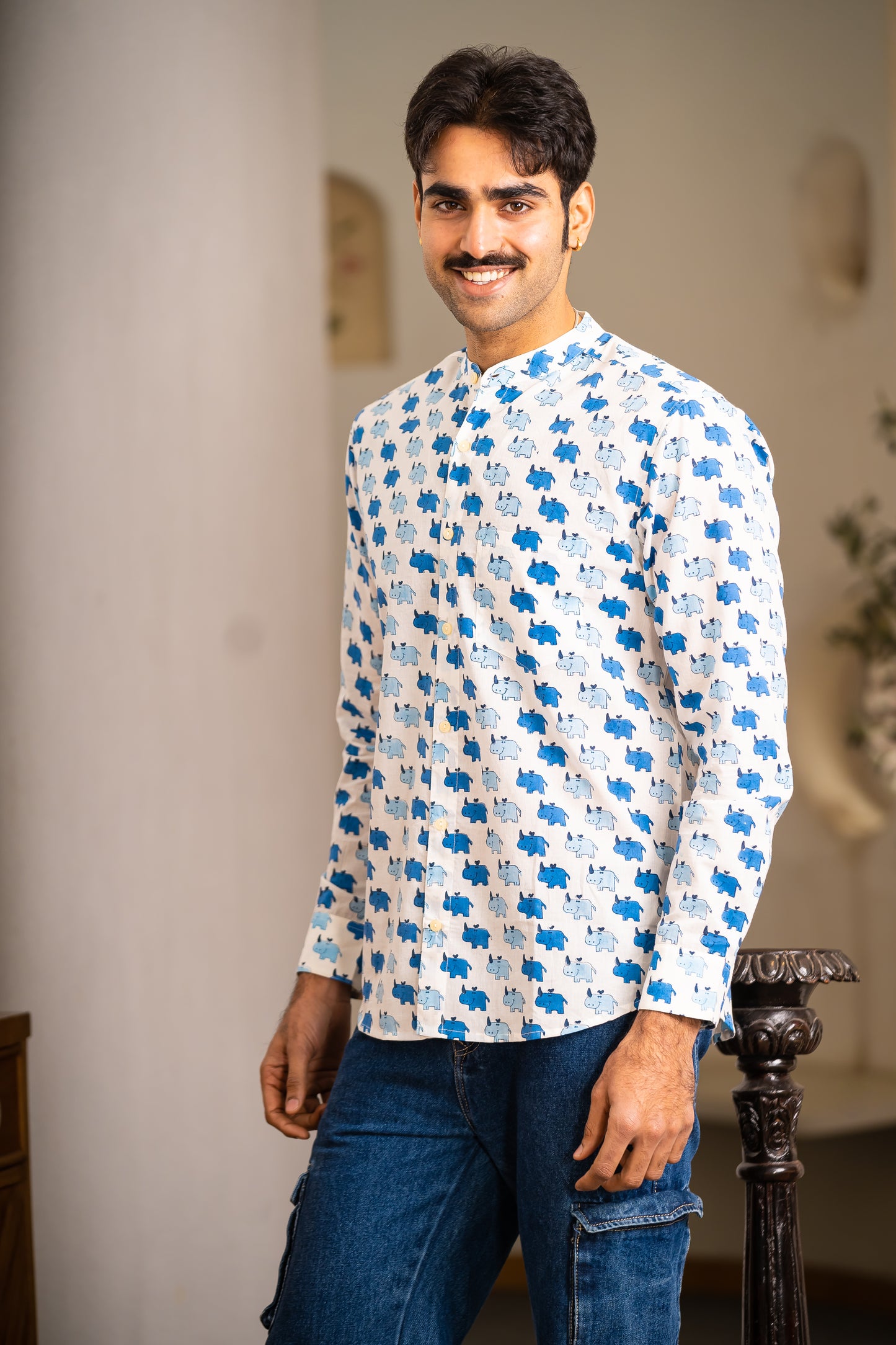 Full Sleeve Indian Hand Block Print Shirt Stylish White & Blue Printed Casual Shirt 100% Cotton Fabric