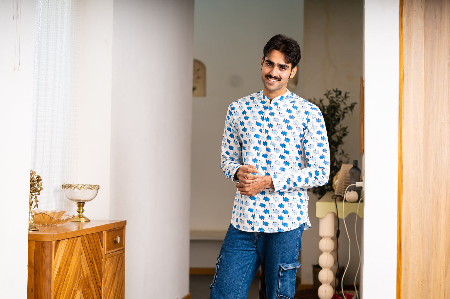 Full Sleeve Indian Hand Block Print Shirt Stylish White & Blue Printed Casual Shirt 100% Cotton Fabric