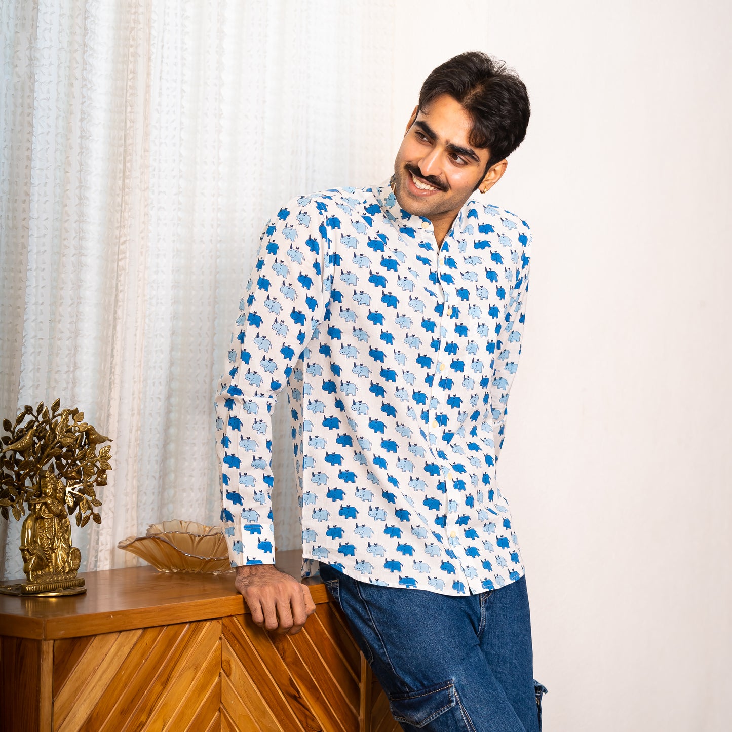 Full Sleeve Indian Hand Block Print Shirt Stylish White & Blue Printed Casual Shirt 100% Cotton Fabric