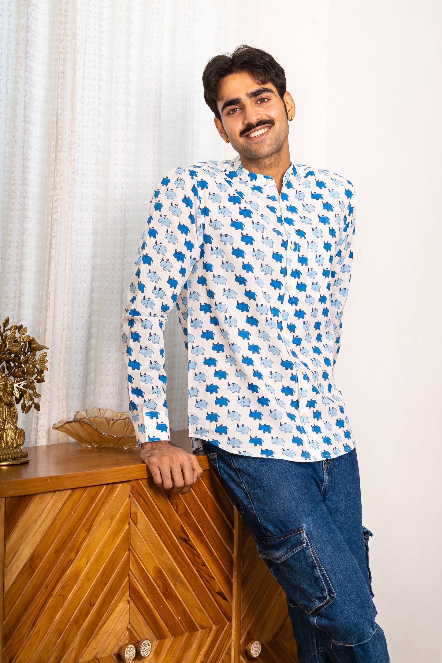 Full Sleeve Indian Hand Block Print Shirt Stylish White & Blue Printed Casual Shirt 100% Cotton Fabric