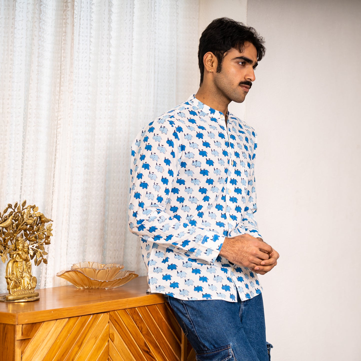 Full Sleeve Indian Hand Block Print Shirt Stylish White & Blue Printed Casual Shirt 100% Cotton Fabric