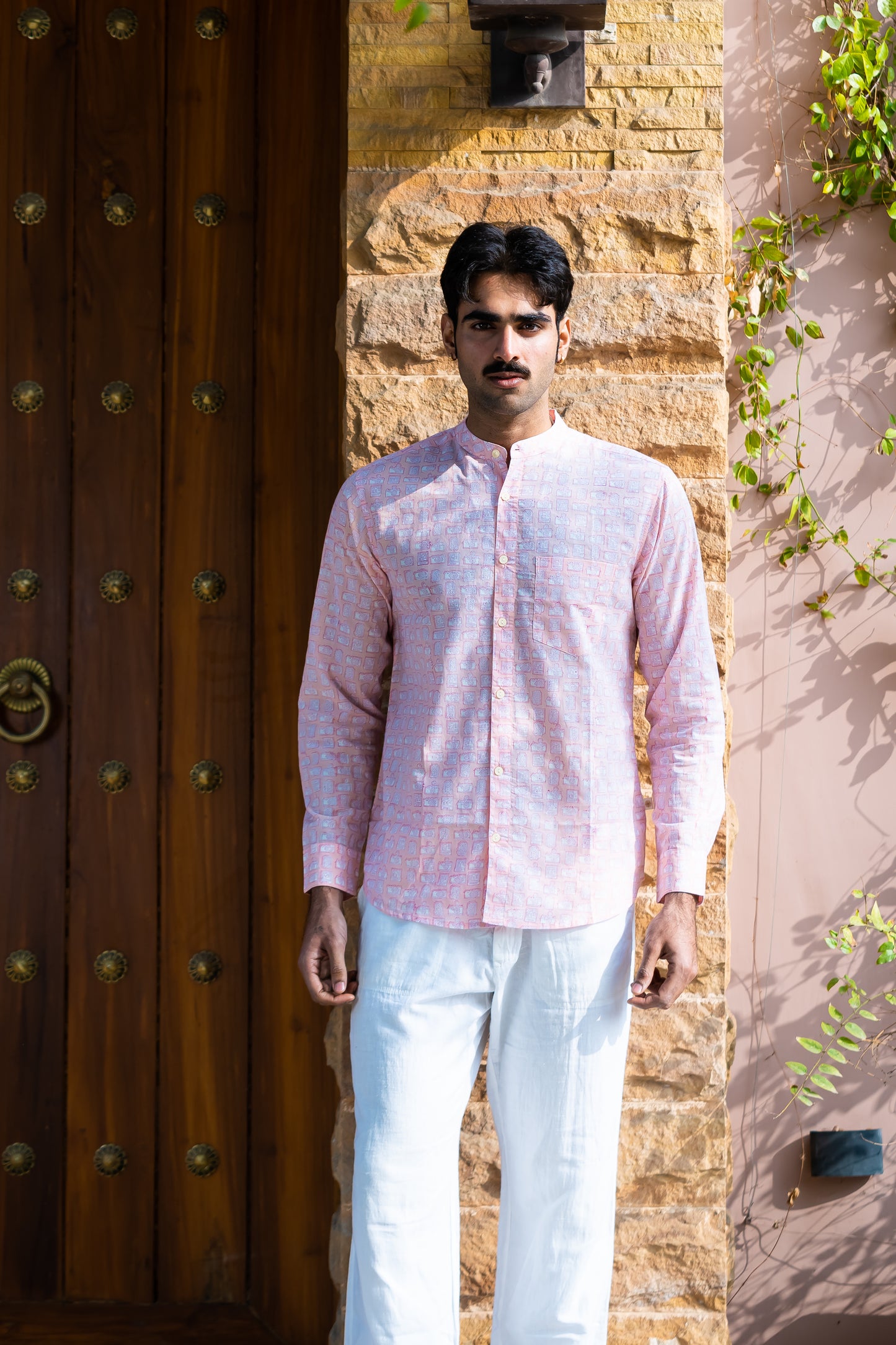 Full Sleeve Indian Hand Block Print Shirt Elegant Pink Printed Mandarin Collar Shirt 100% Cotton Fabric
