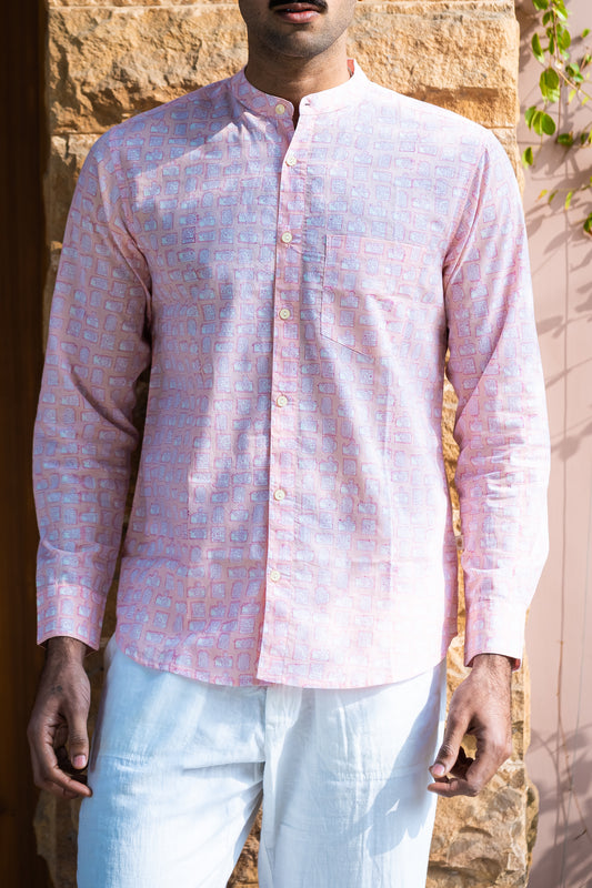 Full Sleeve Indian Hand Block Print Shirt Elegant Pink Printed Mandarin Collar Shirt 100% Cotton Fabric