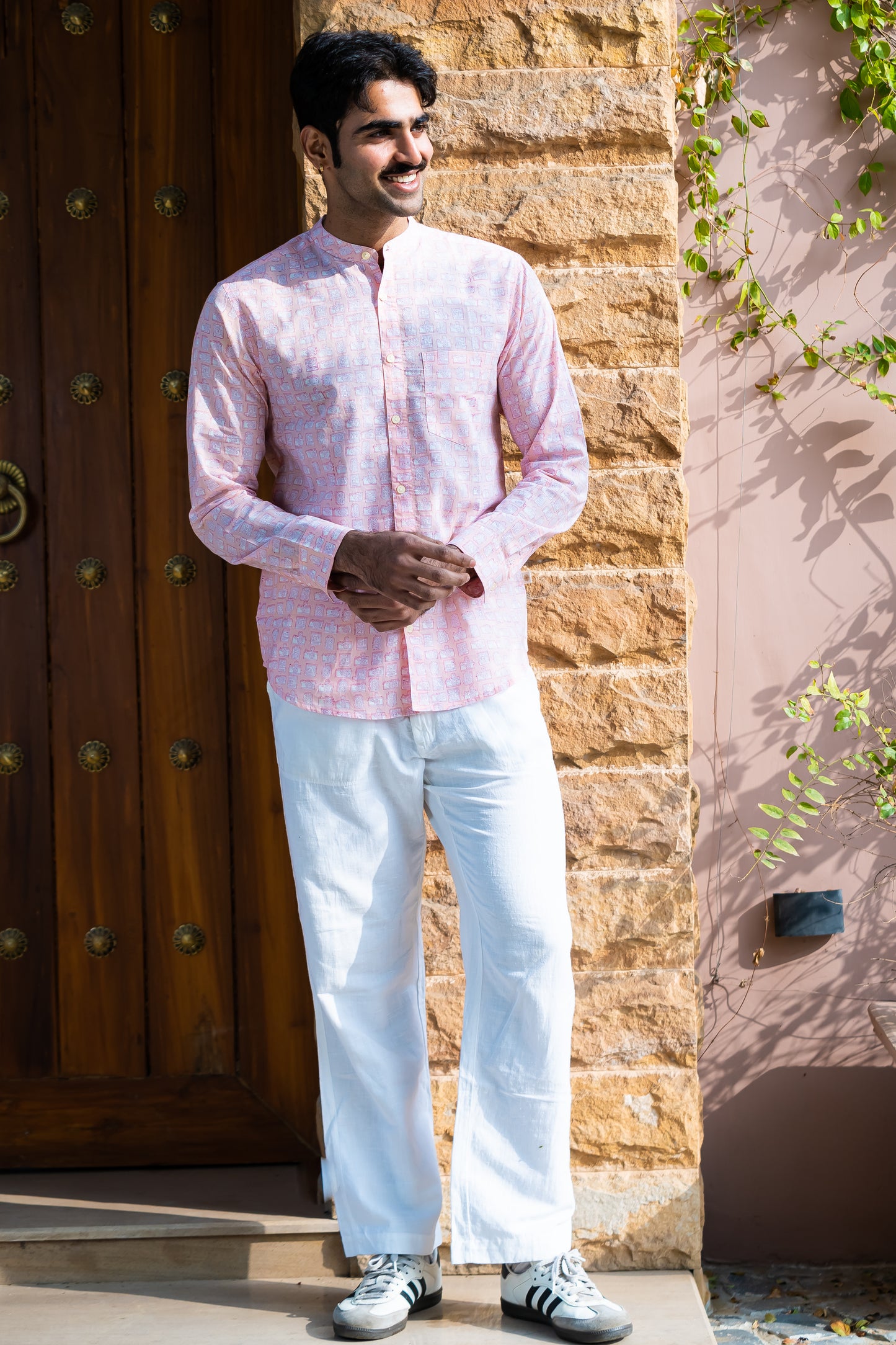 Full Sleeve Indian Hand Block Print Shirt Elegant Pink Printed Mandarin Collar Shirt 100% Cotton Fabric