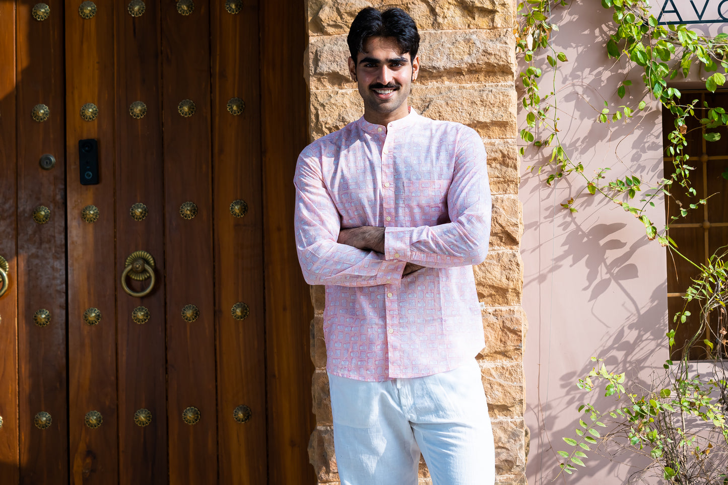 Full Sleeve Indian Hand Block Print Shirt Elegant Pink Printed Mandarin Collar Shirt 100% Cotton Fabric