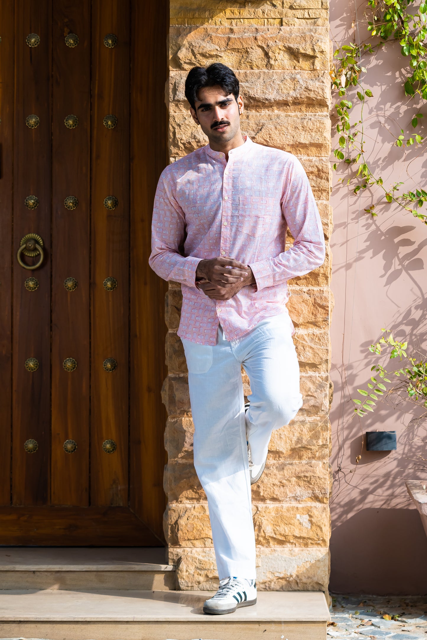 Full Sleeve Indian Hand Block Print Shirt Elegant Pink Printed Mandarin Collar Shirt 100% Cotton Fabric