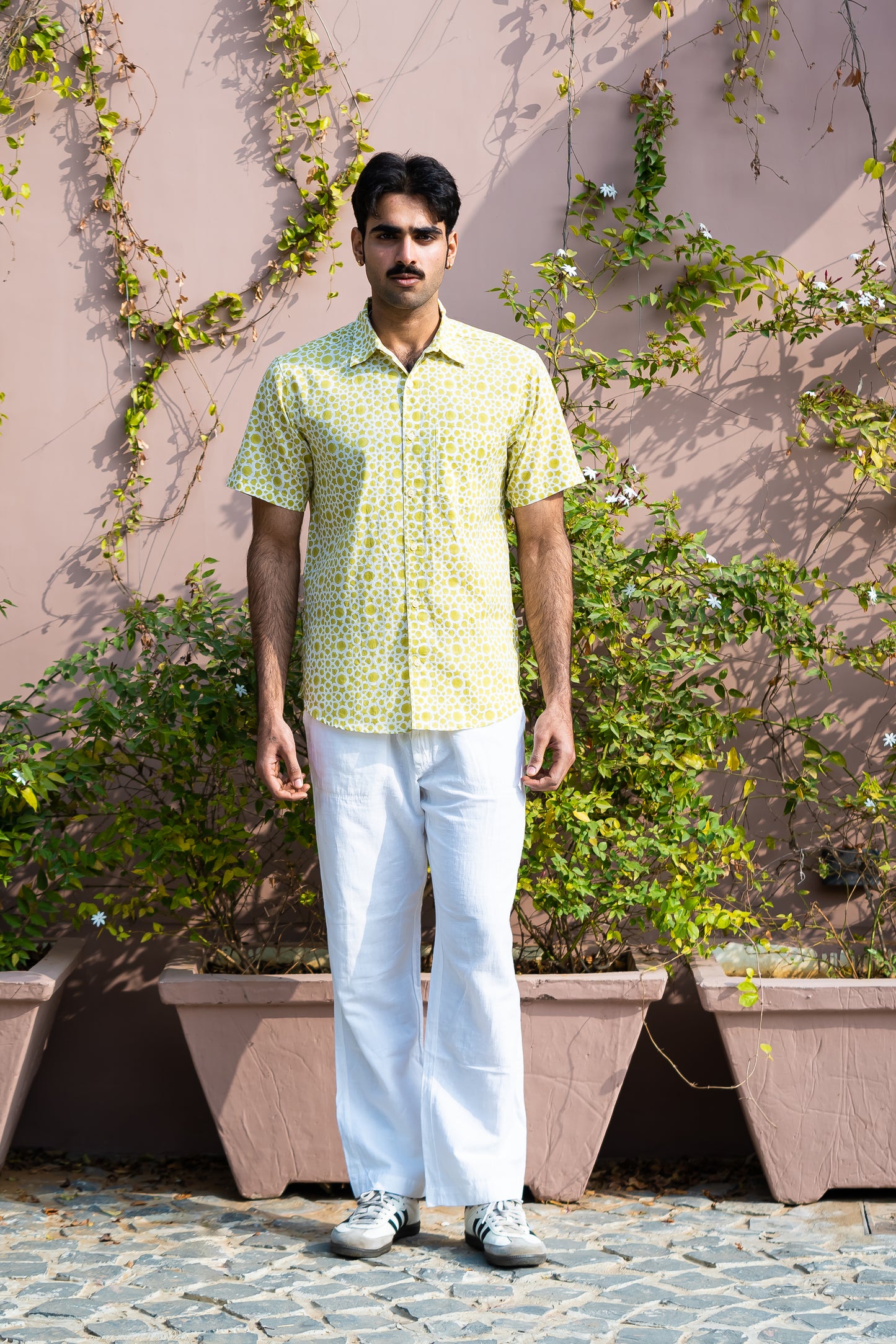 half sleeve Indian Hand Block Print Shirt Lime Abstract Print Casual Shirt   100% Cotton Fabric