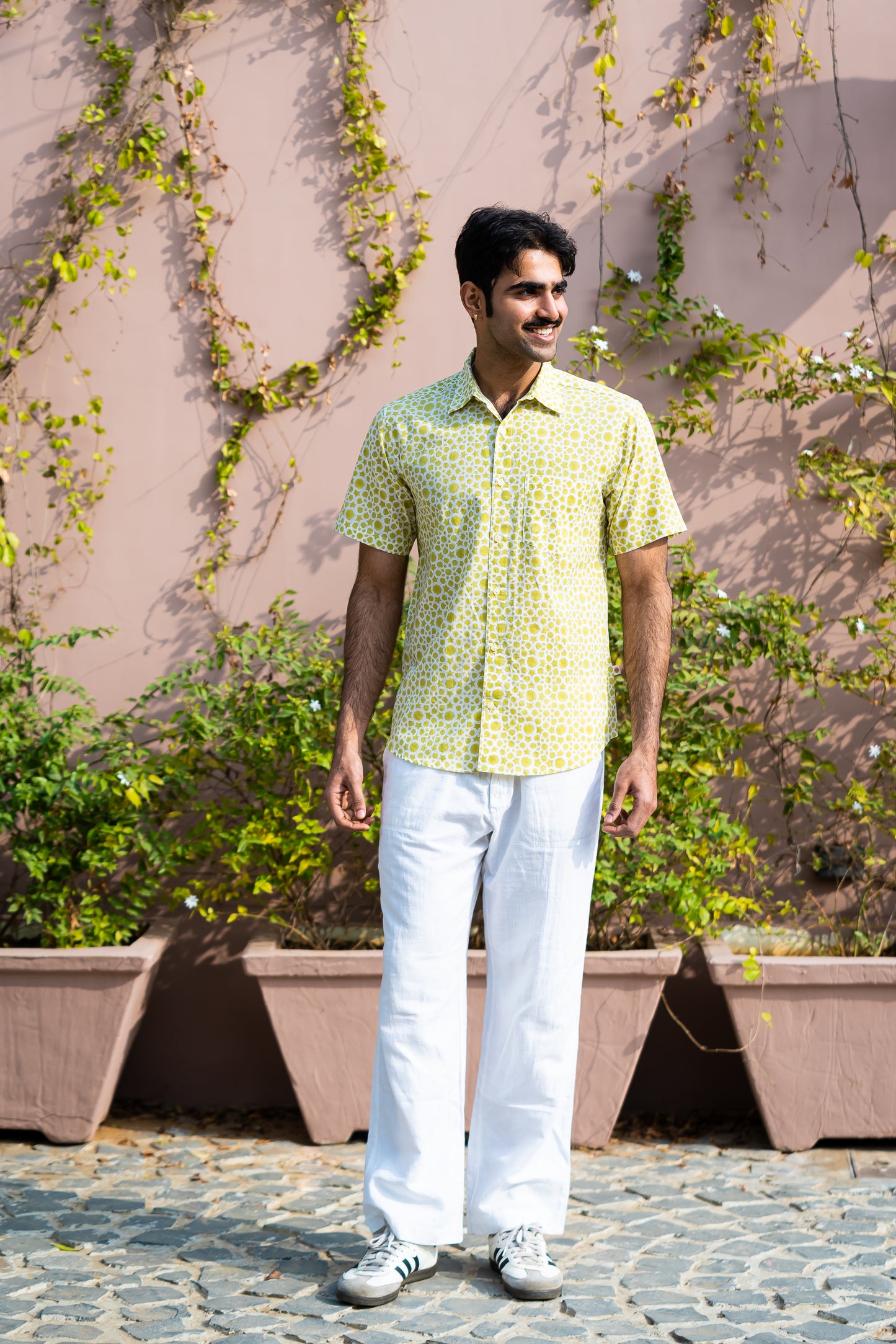 half sleeve Indian Hand Block Print Shirt Lime Abstract Print Casual Shirt   100% Cotton Fabric