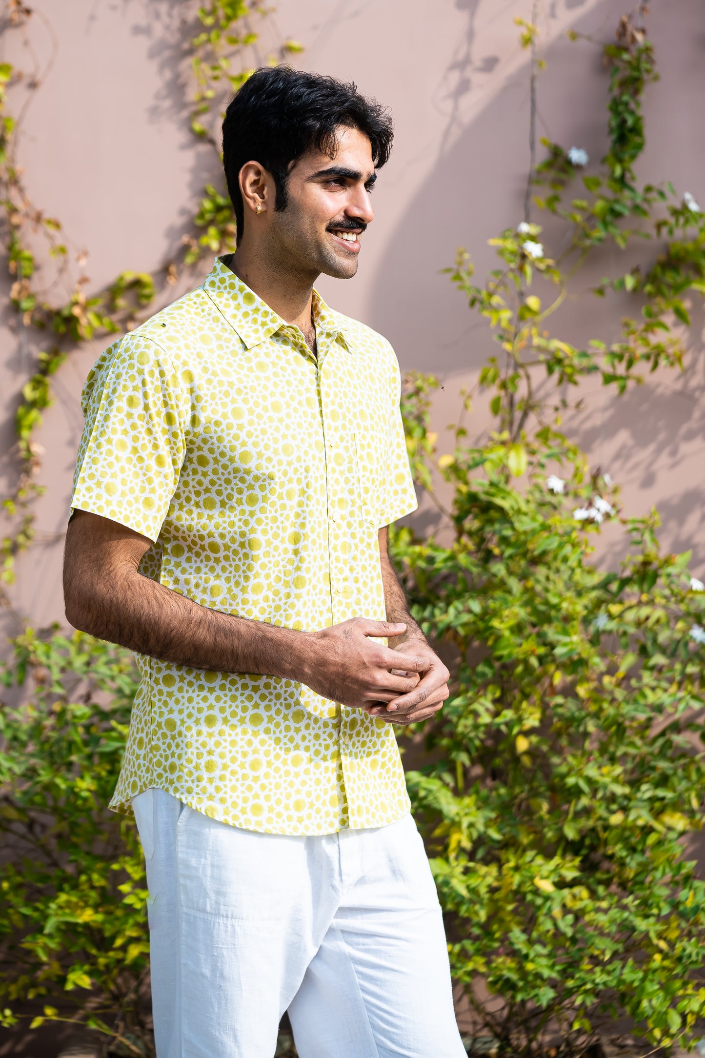 half sleeve Indian Hand Block Print Shirt Lime Abstract Print Casual Shirt   100% Cotton Fabric