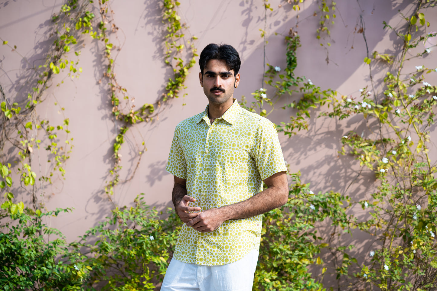half sleeve Indian Hand Block Print Shirt Lime Abstract Print Casual Shirt   100% Cotton Fabric
