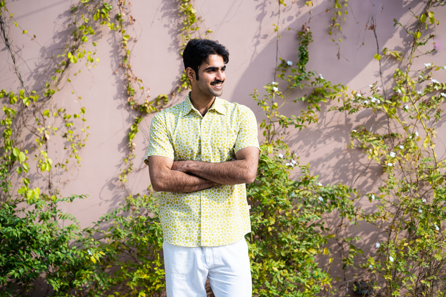 half sleeve Indian Hand Block Print Shirt Lime Abstract Print Casual Shirt   100% Cotton Fabric