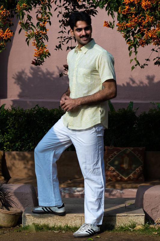 half sleeve Indian Hand Block Print Shirt Soft Lime Textured Casual Shirt 100% Cotton Fabric