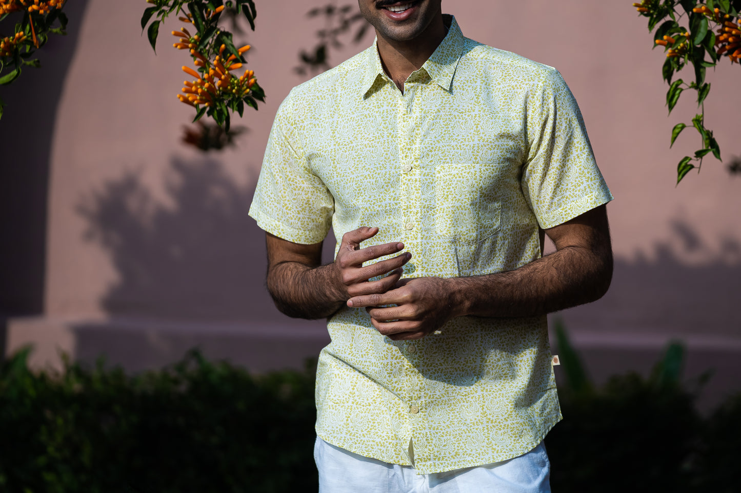 half sleeve Indian Hand Block Print Shirt Soft Lime Textured Casual Shirt 100% Cotton Fabric