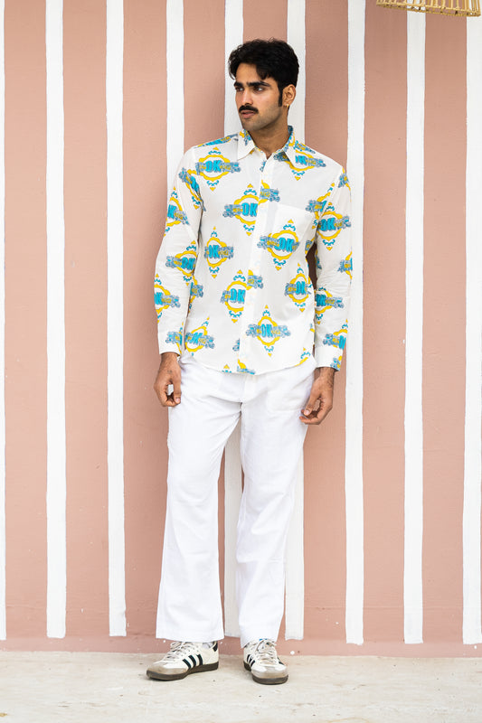 Full Sleeve Indian Hand Block Print Shirt  Trendy White “OK Please” Graphic Printed Shirt 100% Cotton Fabric