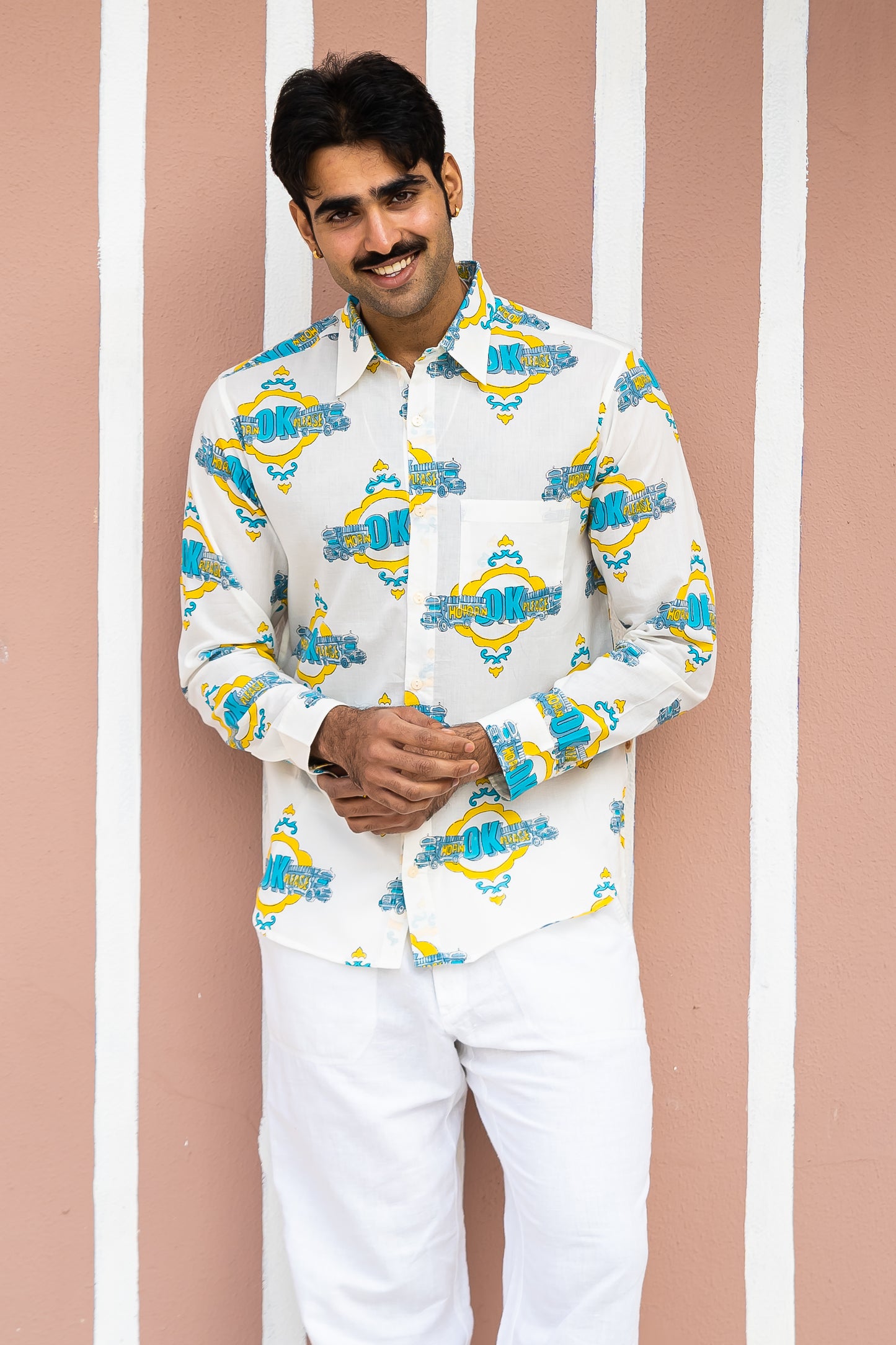 Full Sleeve Indian Hand Block Print Shirt  Trendy White “OK Please” Graphic Printed Shirt 100% Cotton Fabric