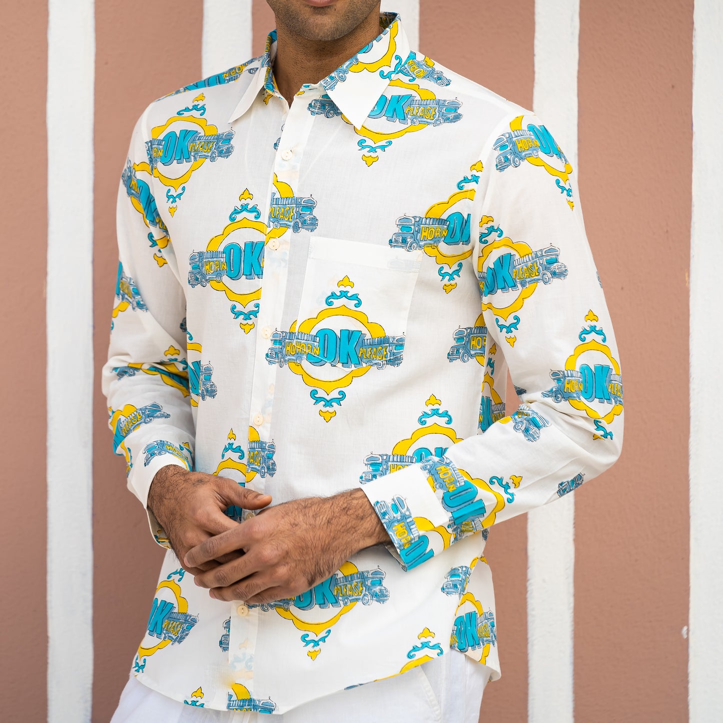 Full Sleeve Indian Hand Block Print Shirt  Trendy White “OK Please” Graphic Printed Shirt 100% Cotton Fabric