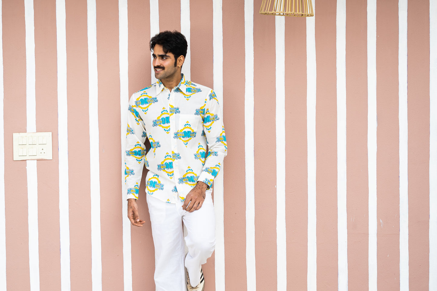 Full Sleeve Indian Hand Block Print Shirt  Trendy White “OK Please” Graphic Printed Shirt 100% Cotton Fabric