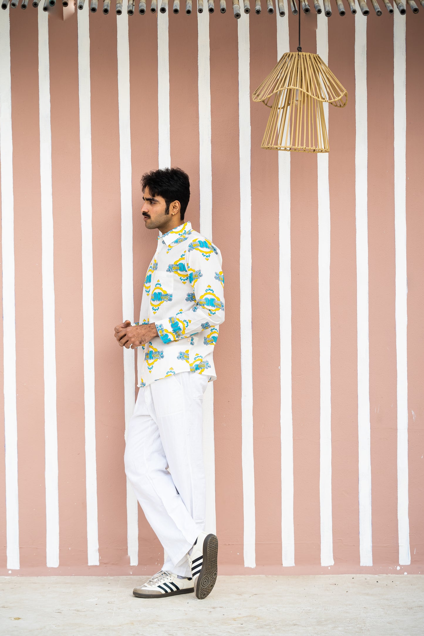 Full Sleeve Indian Hand Block Print Shirt  Trendy White “OK Please” Graphic Printed Shirt 100% Cotton Fabric