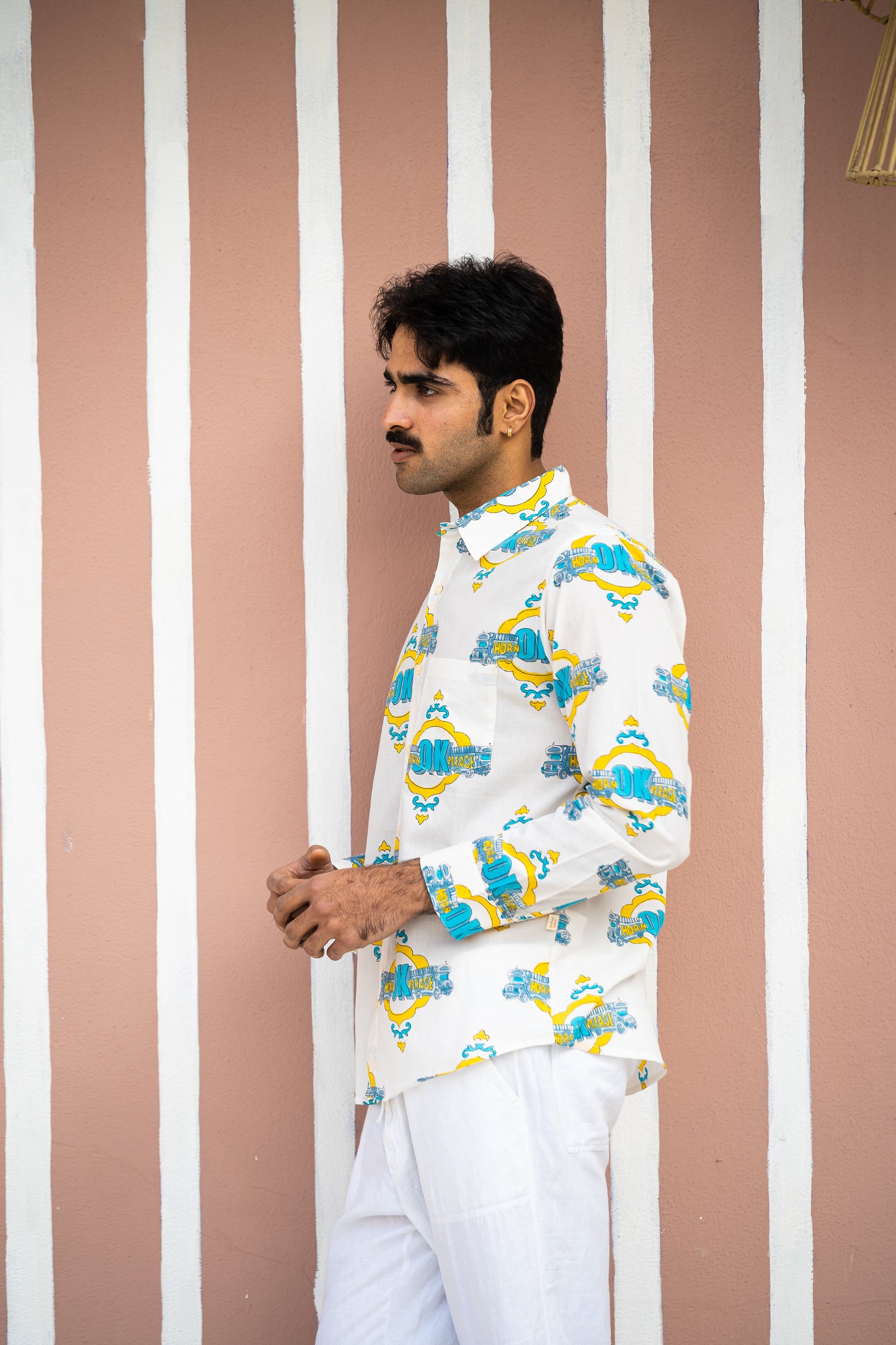 Full Sleeve Indian Hand Block Print Shirt  Trendy White “OK Please” Graphic Printed Shirt 100% Cotton Fabric