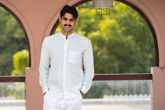 Full Sleeve Indian Hand Block Print Shirt  Elegant Mint Motif Cotton Kurta Shirt 100% Cotton Fabric