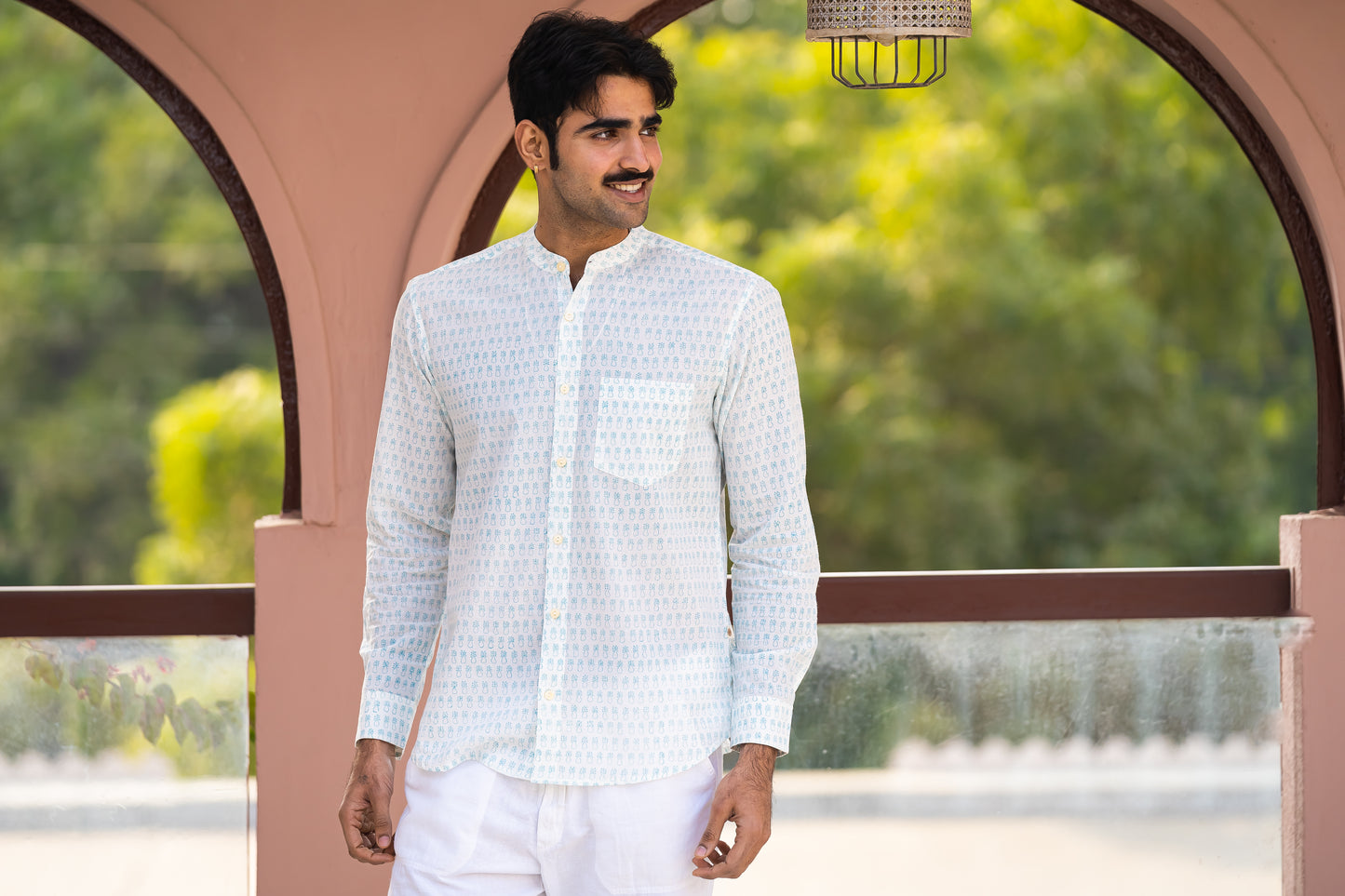 Full Sleeve Indian Hand Block Print Shirt  Elegant Mint Motif Cotton Kurta Shirt 100% Cotton Fabric