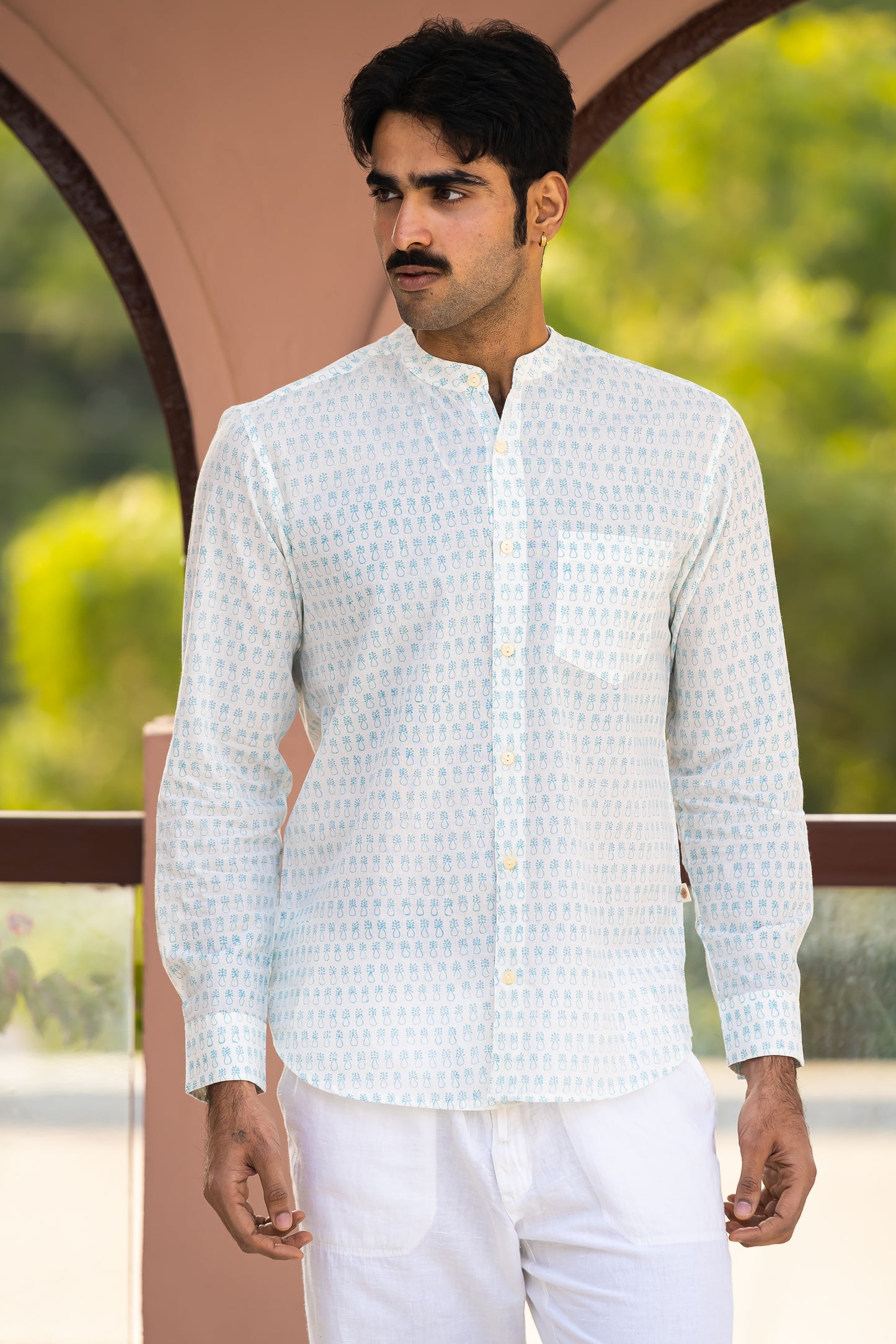 Full Sleeve Indian Hand Block Print Shirt  Elegant Mint Motif Cotton Kurta Shirt 100% Cotton Fabric