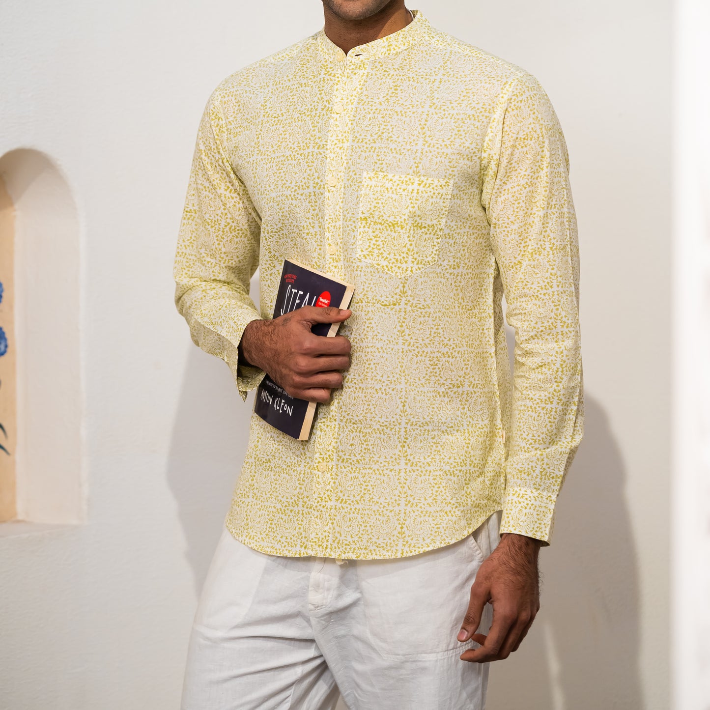 Full Sleeve Indian Hand Block Print Shirt Sunlit Floral Print Cotton Kurta Shirt 100% Cotton Fabric