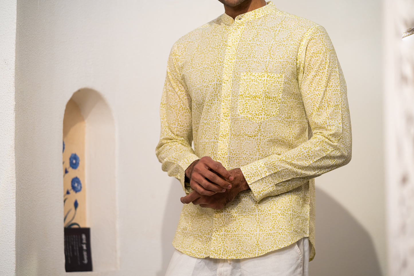 Full Sleeve Indian Hand Block Print Shirt Sunlit Floral Print Cotton Kurta Shirt 100% Cotton Fabric