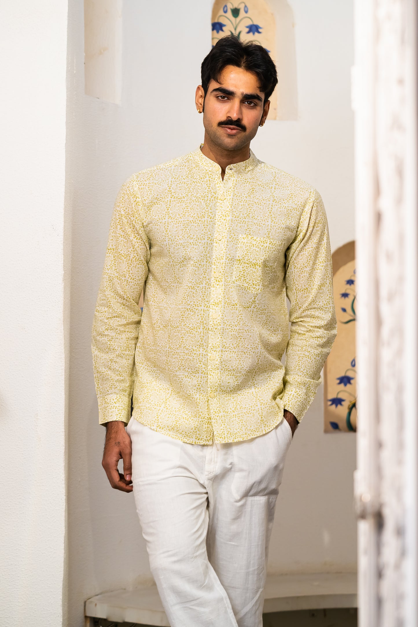 Full Sleeve Indian Hand Block Print Shirt Sunlit Floral Print Cotton Kurta Shirt 100% Cotton Fabric