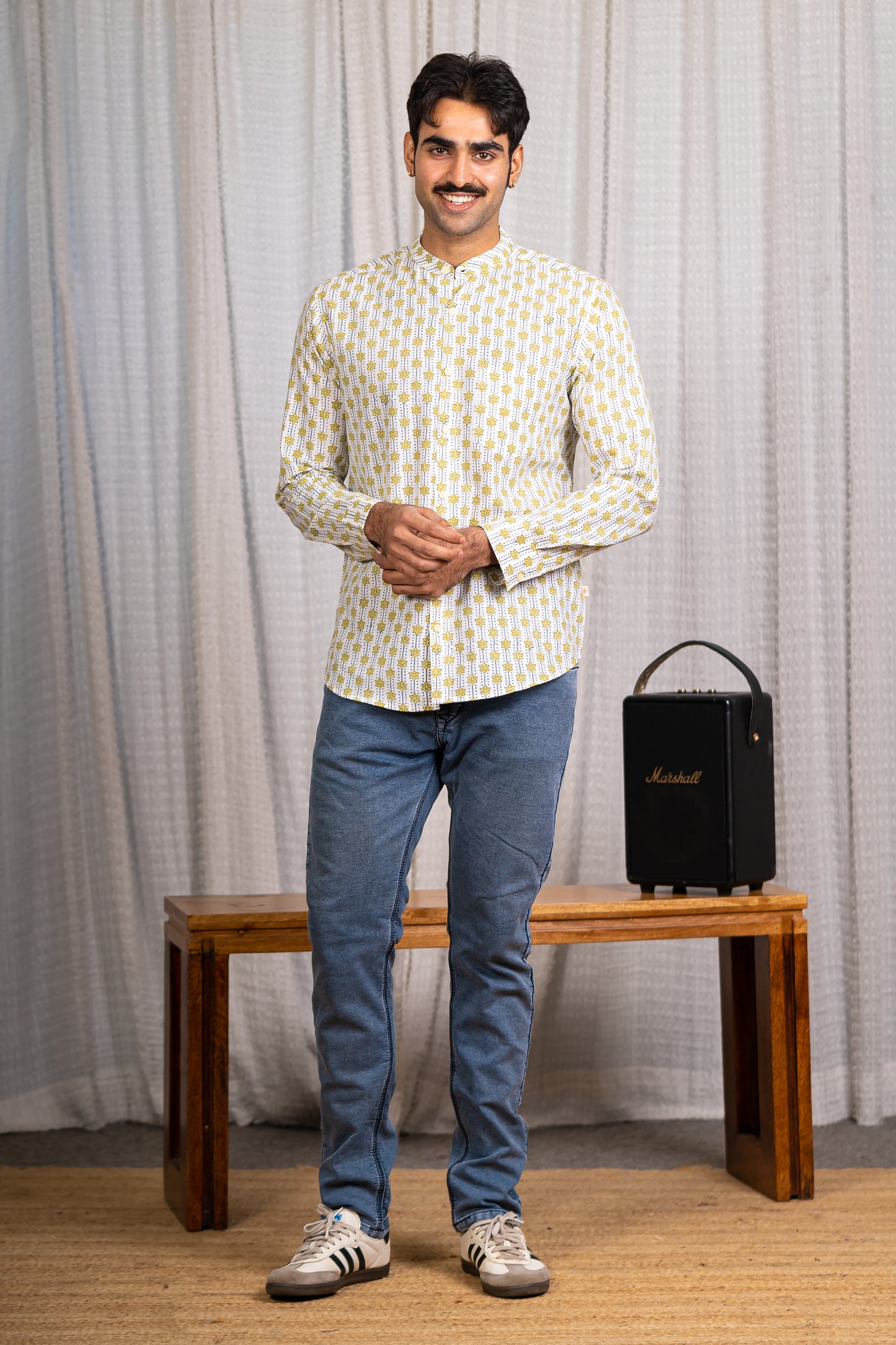 Full Sleeve Indian Hand Block Print Shirt Mustard Geometric Print Cotton Kurta  100% Cotton Fabric
