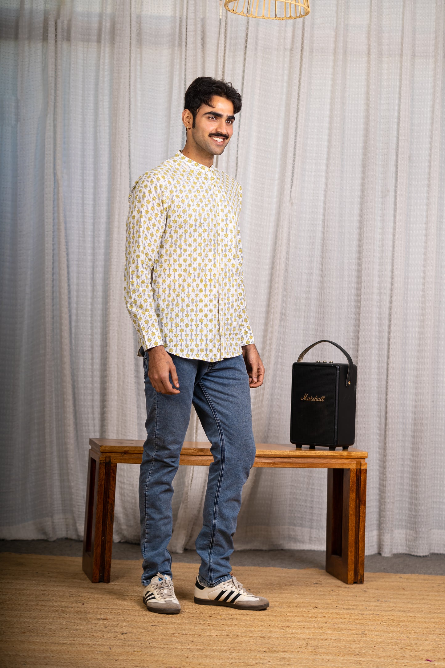 Full Sleeve Indian Hand Block Print Shirt Mustard Geometric Print Cotton Kurta  100% Cotton Fabric