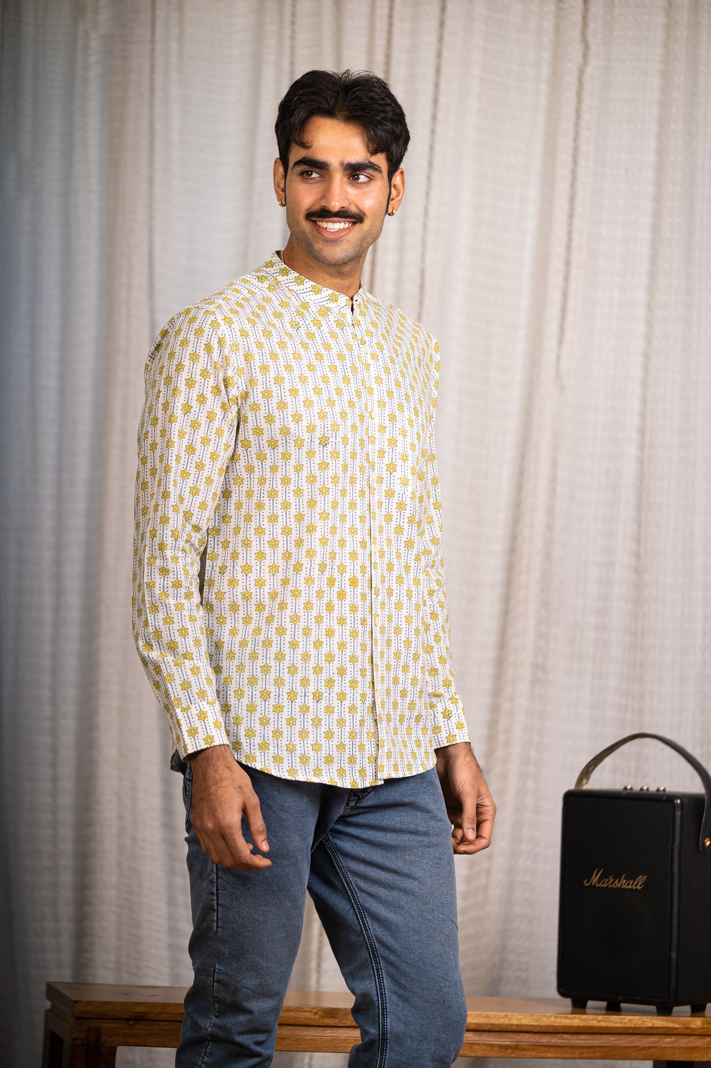 Full Sleeve Indian Hand Block Print Shirt Mustard Geometric Print Cotton Kurta  100% Cotton Fabric