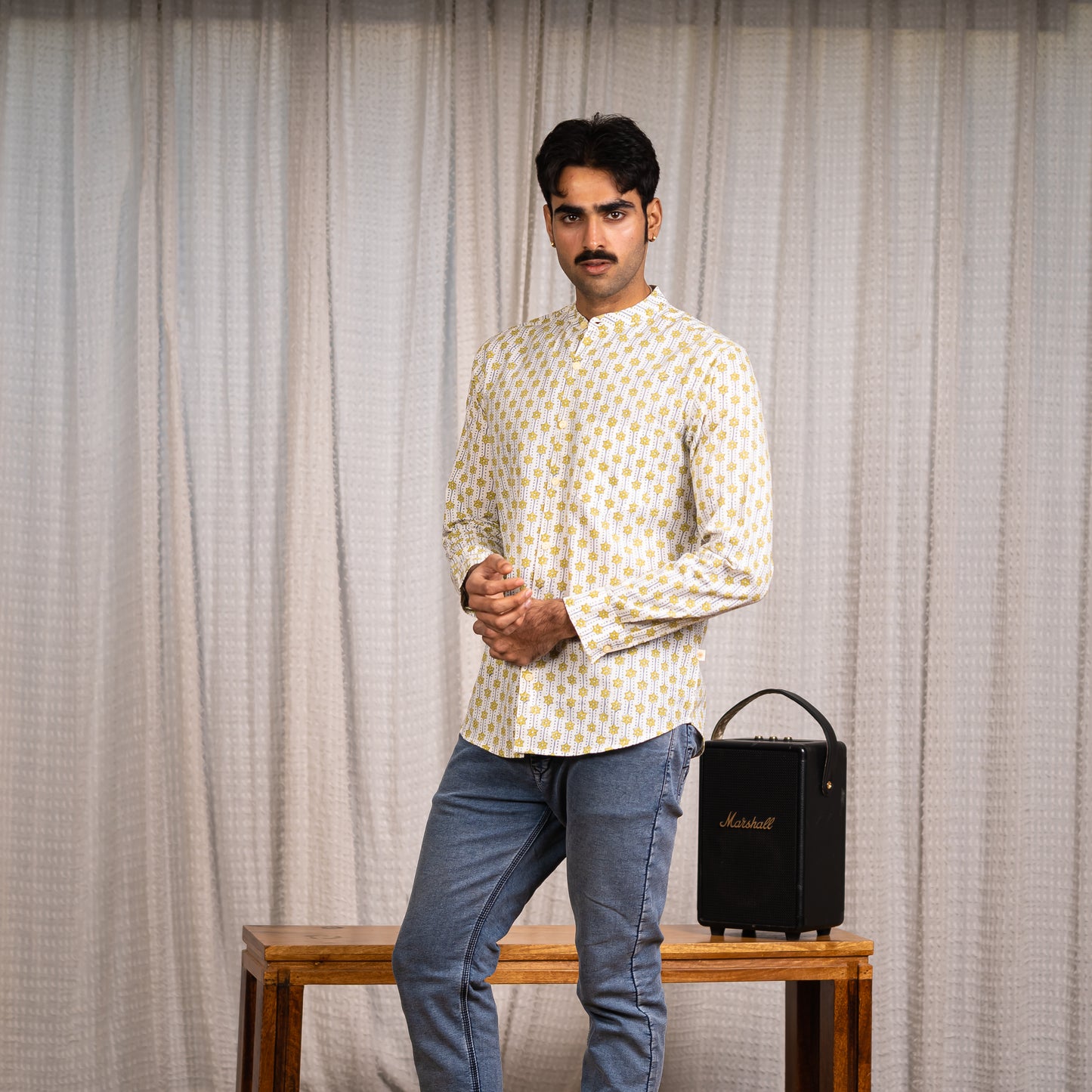 Full Sleeve Indian Hand Block Print Shirt Mustard Geometric Print Cotton Kurta  100% Cotton Fabric