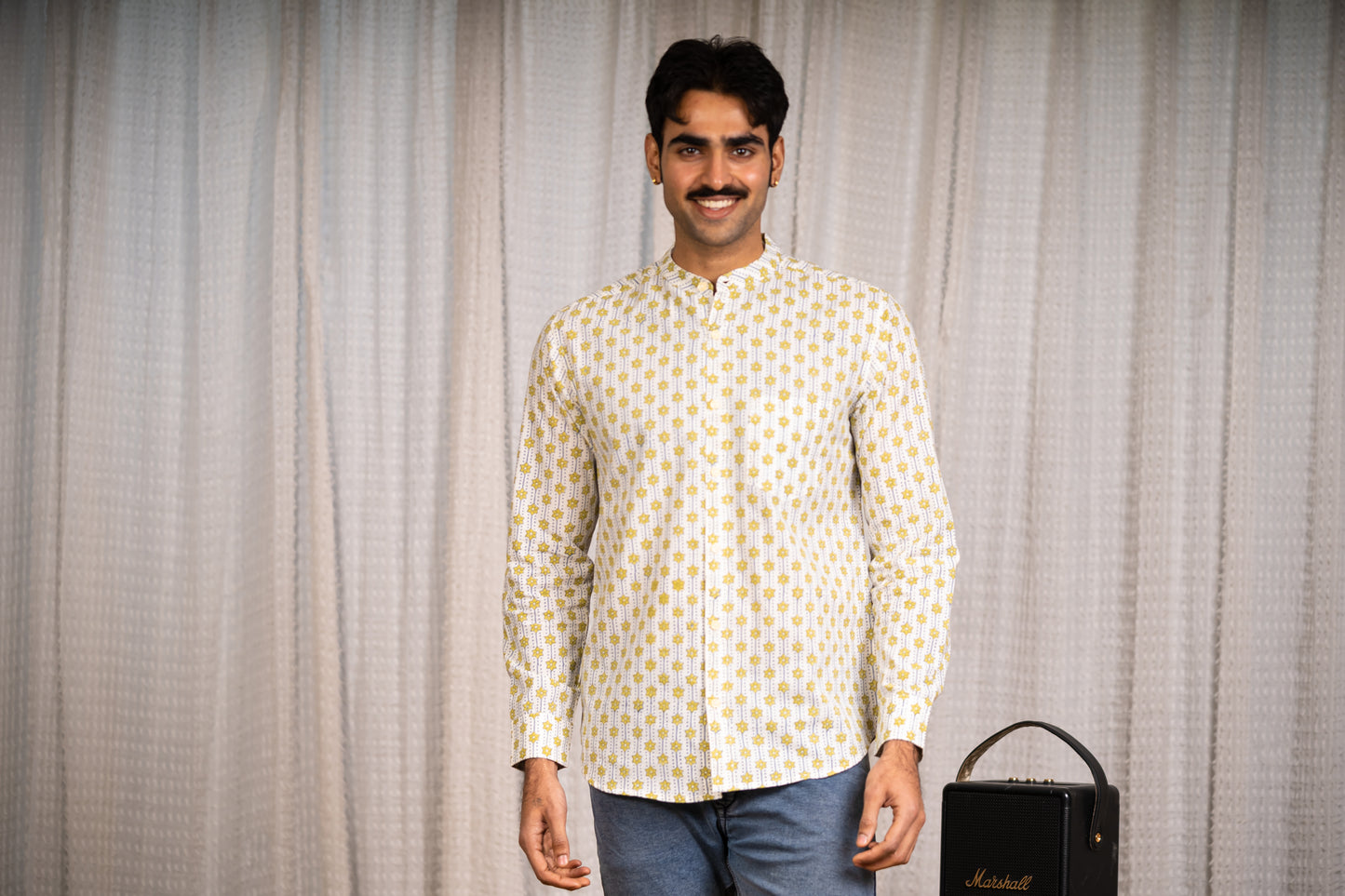 Full Sleeve Indian Hand Block Print Shirt Mustard Geometric Print Cotton Kurta  100% Cotton Fabric