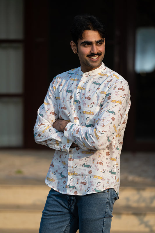 Full Sleeve Indian Hand Block Print Shirt Playful Ride Print  Cotton Kurta 100% Cotton Fabric