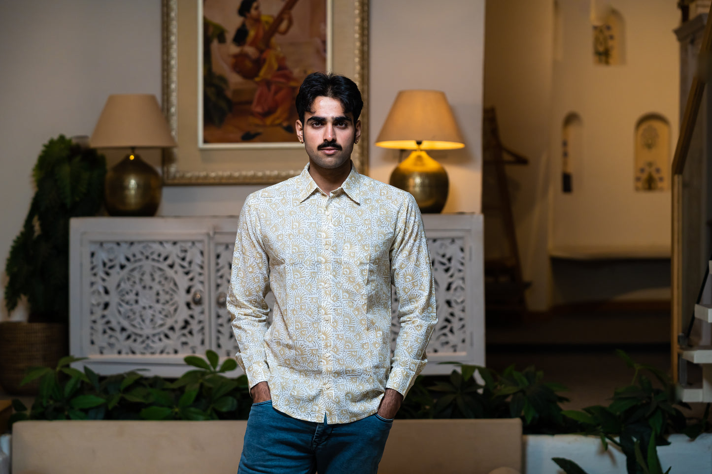 Full Sleeve Indian Hand Block Print Shirt Elegant Beige Printed Casual Shirt 100% Cotton Fabric