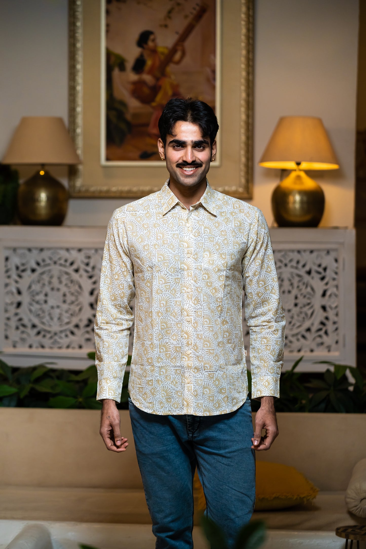 Full Sleeve Indian Hand Block Print Shirt Elegant Beige Printed Casual Shirt 100% Cotton Fabric