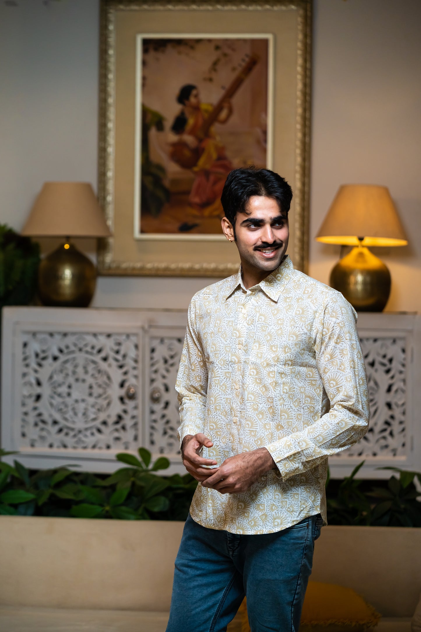 Full Sleeve Indian Hand Block Print Shirt Elegant Beige Printed Casual Shirt 100% Cotton Fabric