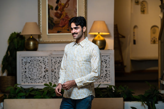 Full Sleeve Indian Hand Block Print Shirt Elegant Beige Printed Casual Shirt 100% Cotton Fabric
