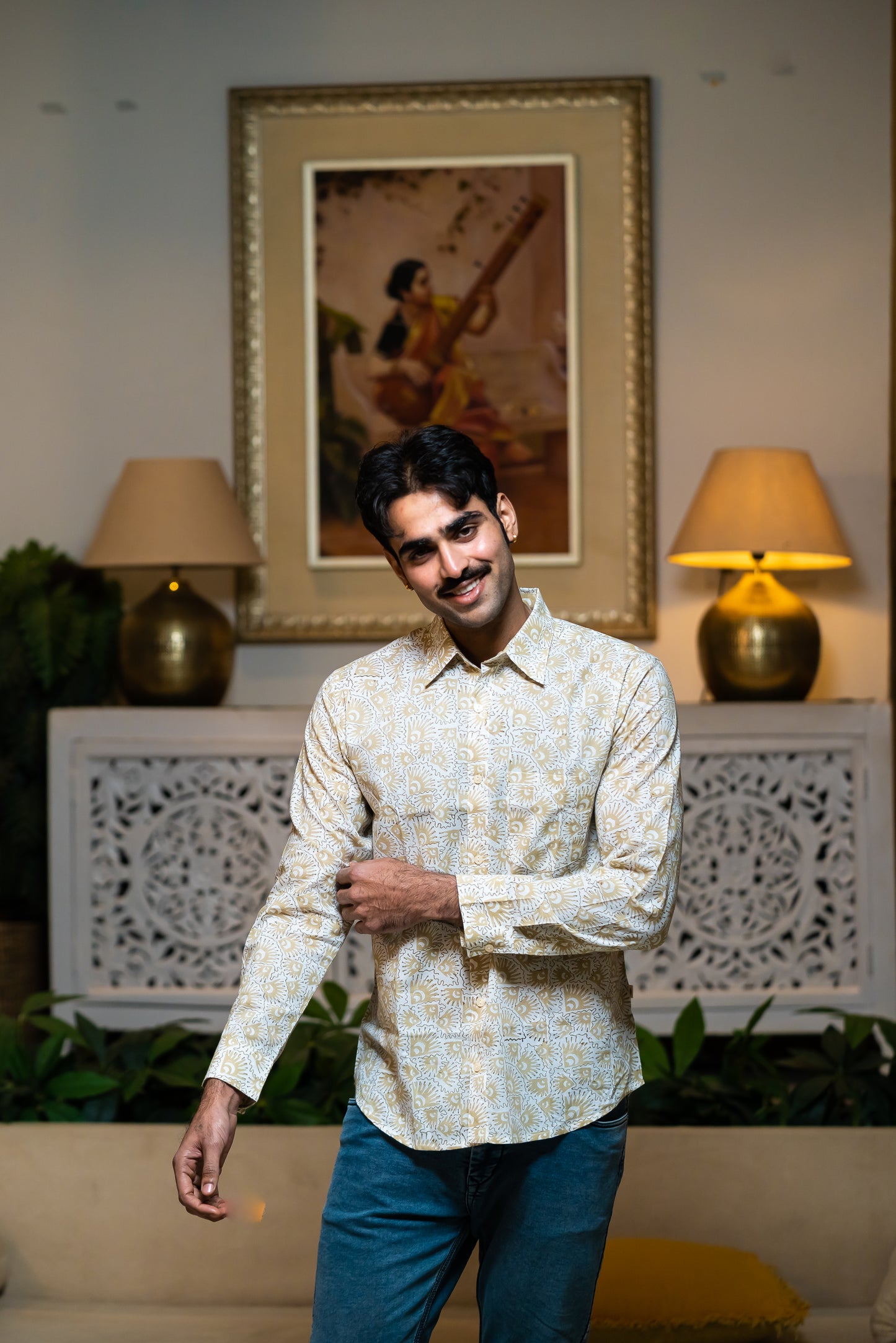 Full Sleeve Indian Hand Block Print Shirt Elegant Beige Printed Casual Shirt 100% Cotton Fabric