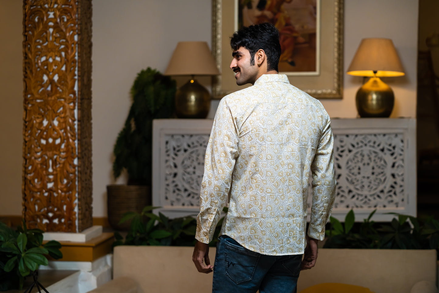 Full Sleeve Indian Hand Block Print Shirt Elegant Beige Printed Casual Shirt 100% Cotton Fabric