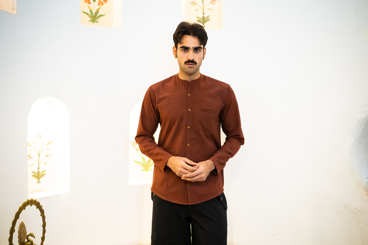 Full Sleeve Indian Classic Rust Brown Mandarin Collar Shirt for Men