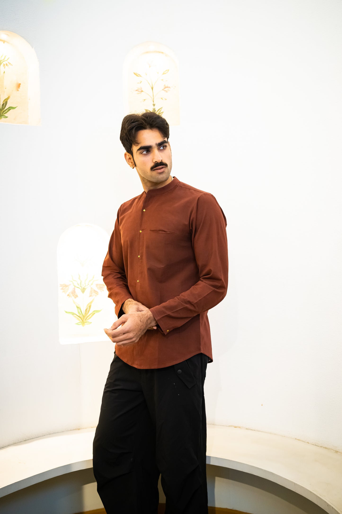 Full Sleeve Indian Classic Rust Brown Mandarin Collar Shirt for Men