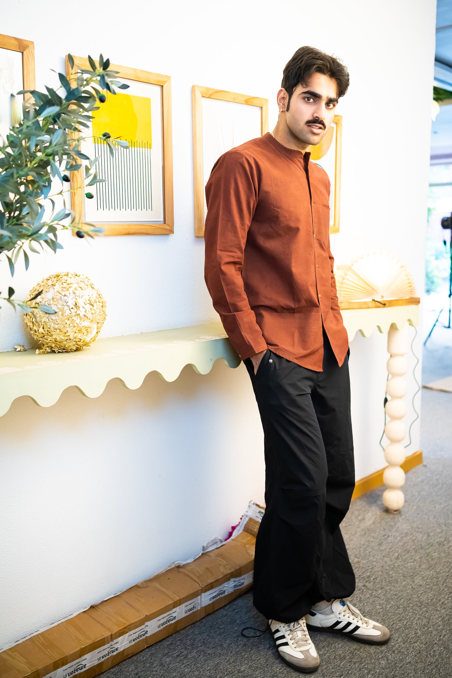 Full Sleeve Indian Classic Rust Brown Mandarin Collar Shirt for Men