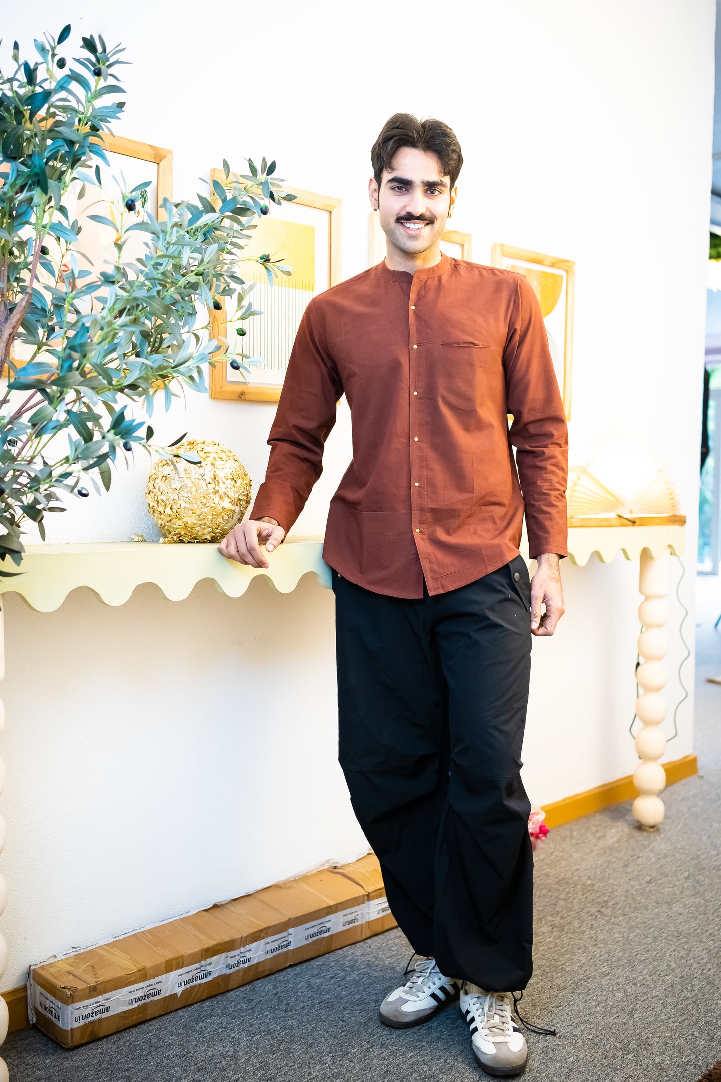 Full Sleeve Indian Classic Rust Brown Mandarin Collar Shirt for Men