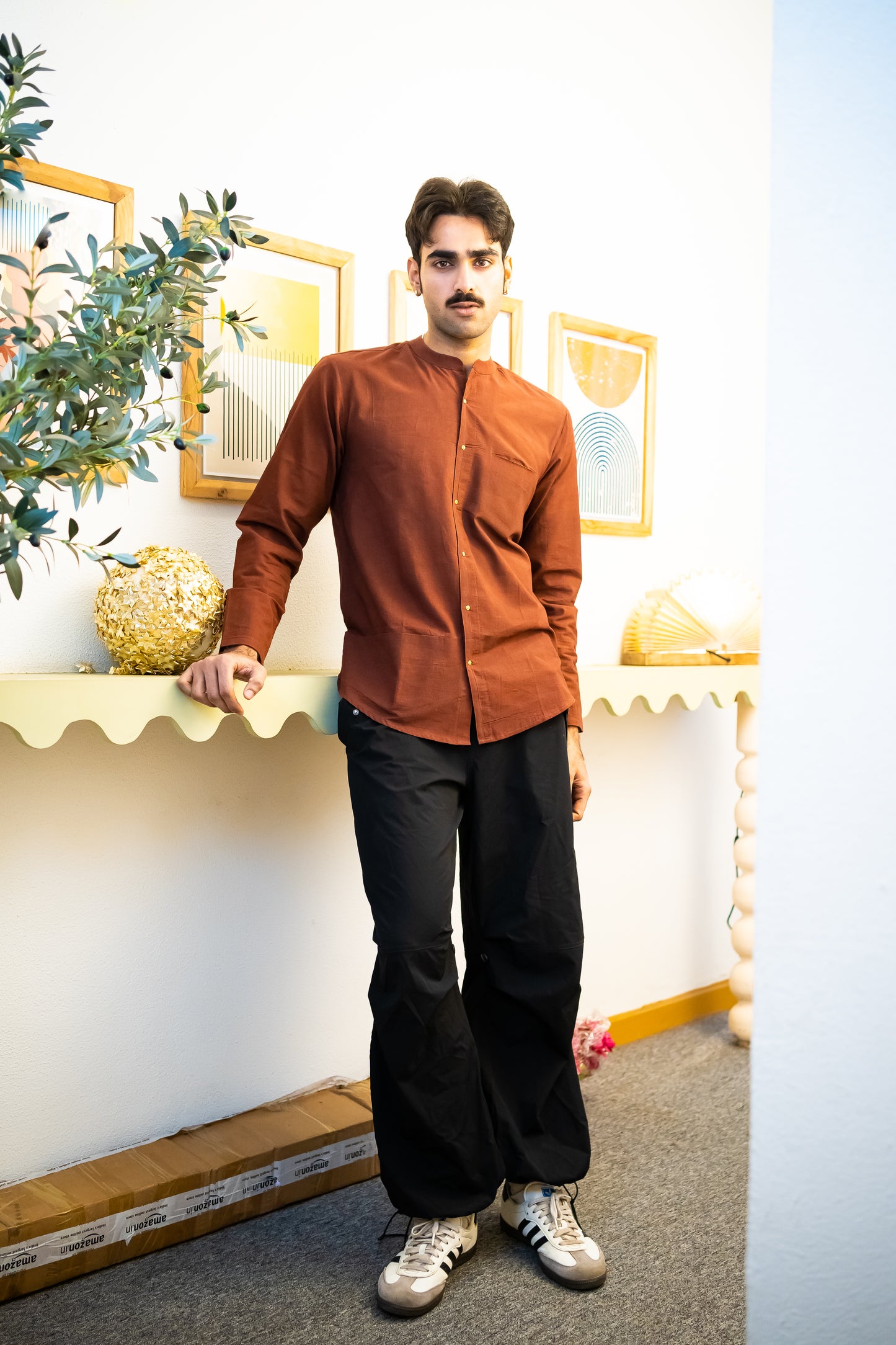 Full Sleeve Indian Classic Rust Brown Mandarin Collar Shirt for Men