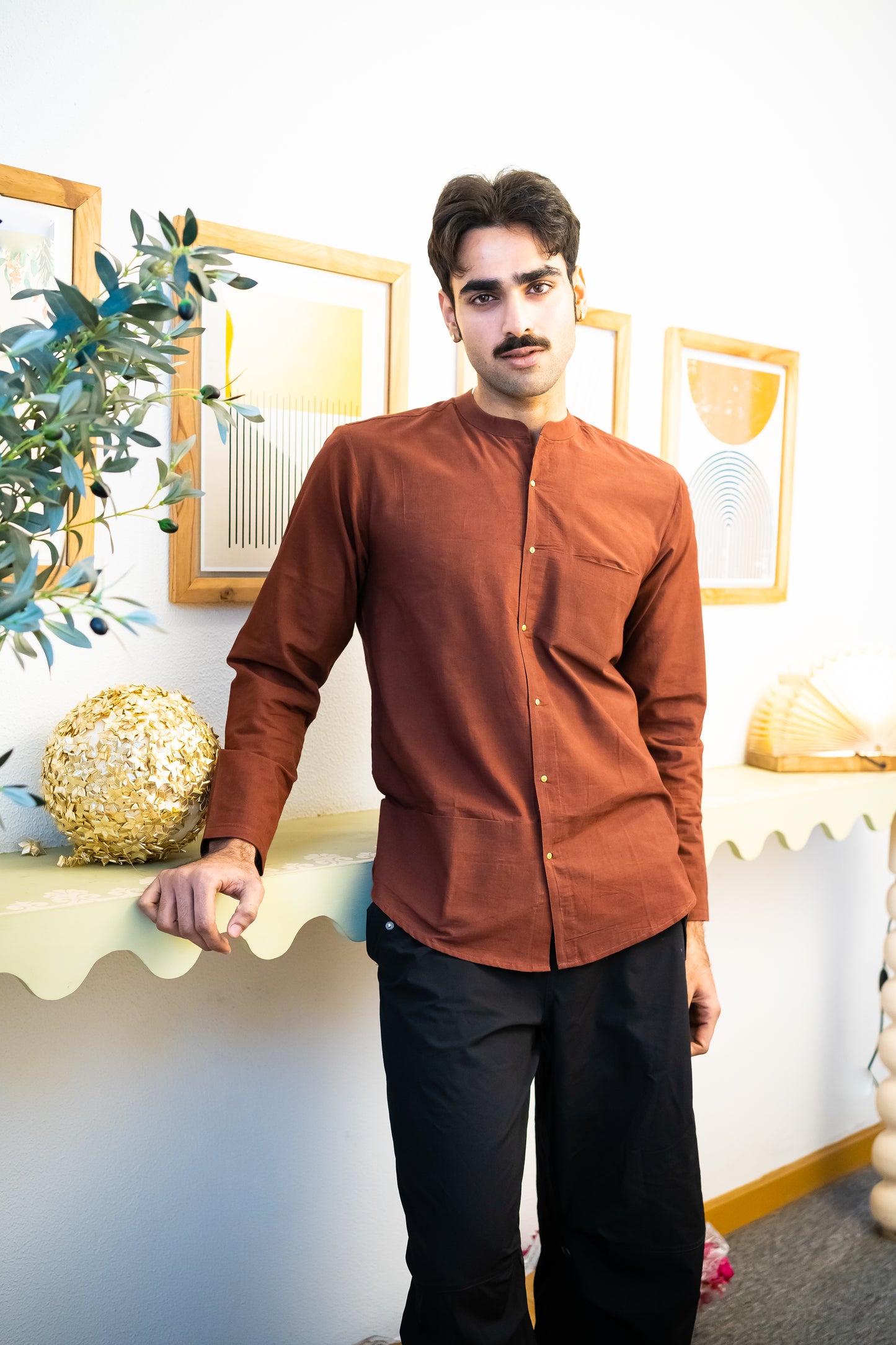 Full Sleeve Indian Classic Rust Brown Mandarin Collar Shirt for Men