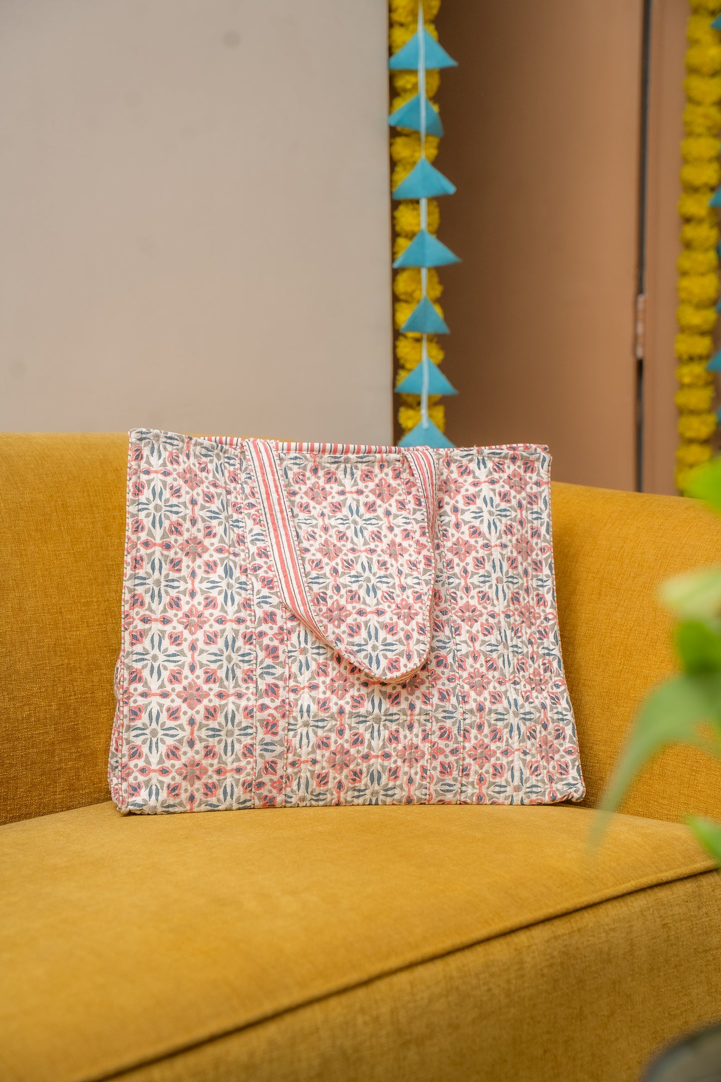 Awdhesh Kumar Star Blossom Motif Cotton Hand Block Printed Tote Bag for Women