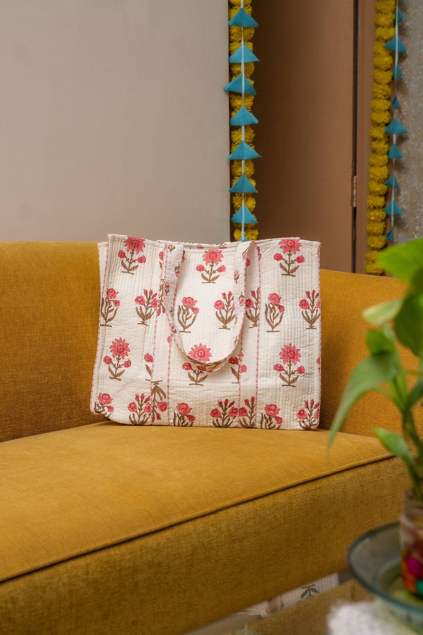 Awdhesh Kumar Repeating Blossom Cotton Hand Block Printed Tote Bag for Women